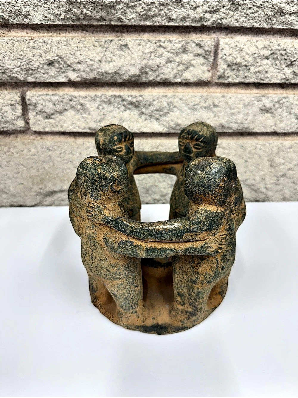 Vintage Mexican Circle of Friends Terracotta Candle Holder – 4 Figures Folk Art